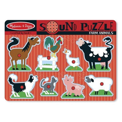 Puzzle de lemn cu sunete animale de la ferma melissa and doug