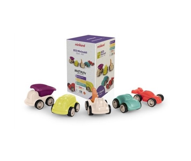 Set de 5 masinute colorate, 12 cm, din materiale ecologice, de la 18 luni