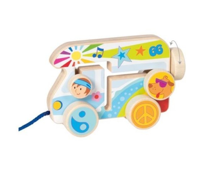 Jucarie de tras din lemn goki rulota vesela 54839, 1+ ani
