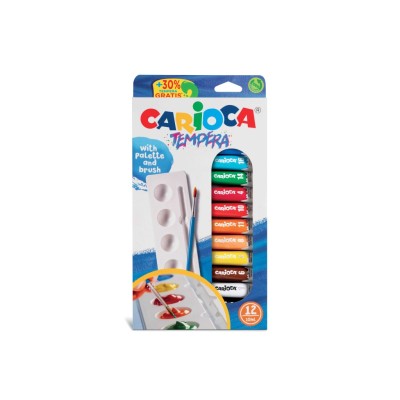 Acuarele tempera Carioca 12 culori 10 ml cu tavita si pensula