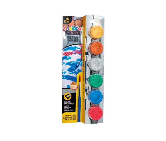 Acuarele tempera Carioca Metalic 6 culori x 25 ml + pensula pe blister