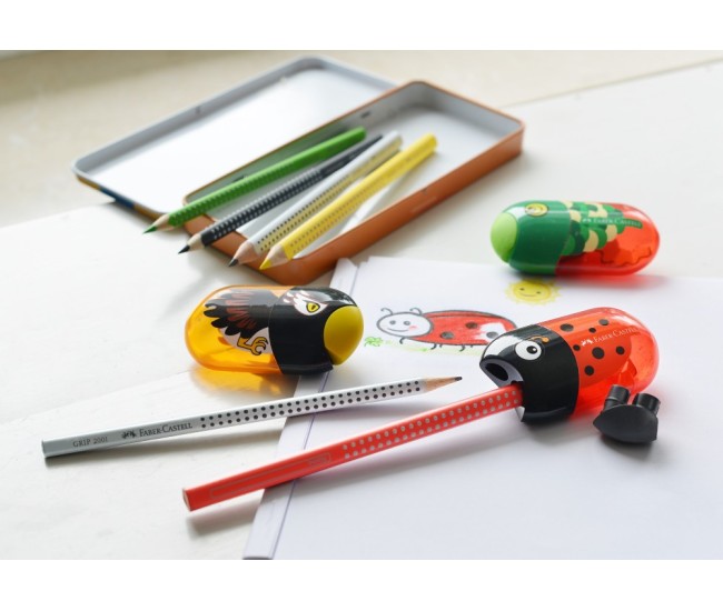 Ascutitoare plastic dubla cu container si radiera buburuza Faber-Castell