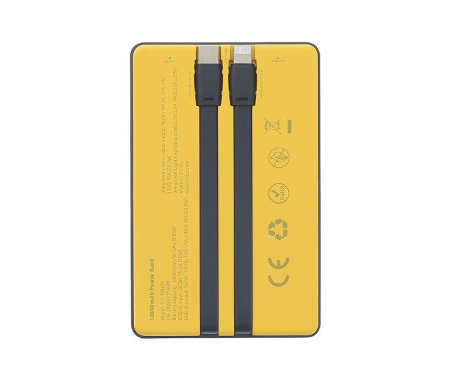 Baterie externa Tellur 10000mAh, USB-C + Lightning cabluri incorporate, QC3.0, PD, galben