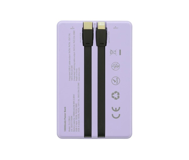 Baterie externa Tellur 10000mAh, USB-C + Lightning cabluri incorporate, QC3.0, PD, mov