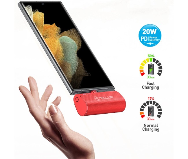Baterie externa Tellur PD202 5000mAh, QC3.0 18W + PD20W, USB-C, rosu