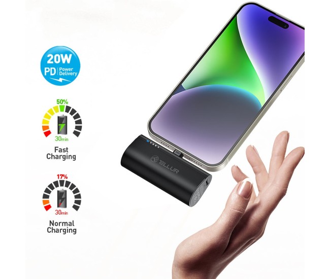 Baterie externa Tellur PD203 5000mAh, QC3.0 18W + PD20W, Lightning, negru