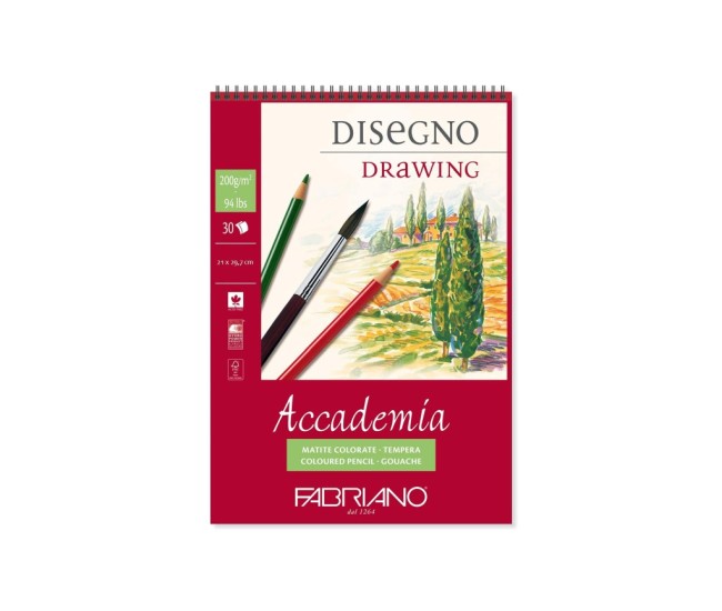 Bloc desen Accademia Disegno, A4, 200 g, 30 file, cu spirala Fabriano