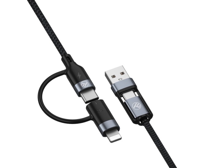 Cablu 4in1 Tellur USB/Type-C to Type-C (PD65W)/Lightning (PD20W), 1m, negru