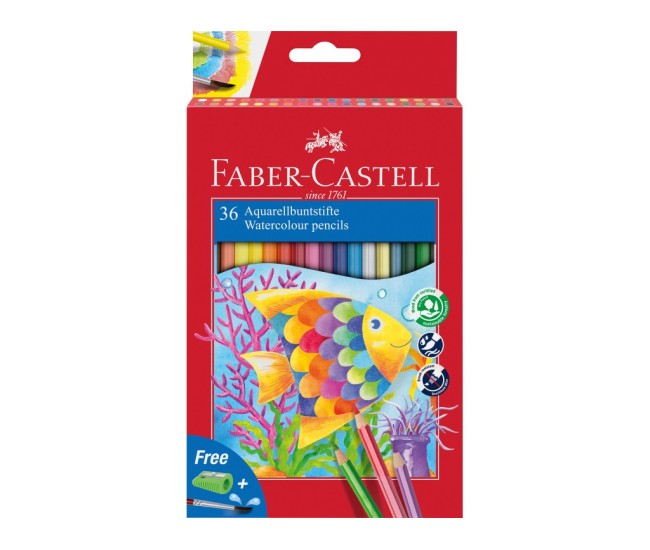 Creioane colorate hexagonale acuarela + pensula Faber-Castell 36 culori/set