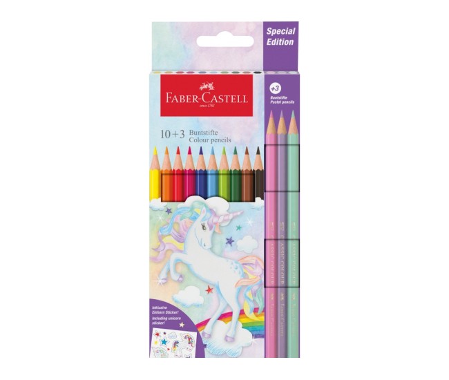 Creioane colorate hexagonale unicorni Faber-Castell 10 + 3 culori /set Creioane colorate hexagonale unicorni Faber-Castell 10 + 3 culori /set