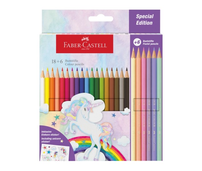 Creioane colorate hexagonale unicorni Faber-Castell 18 + 6 culori /set