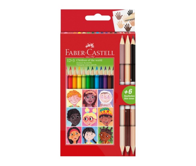 Creioane colorate triunghiulare si bicolore piele Children of the World Faber-Castell 12 + 3 culori/set