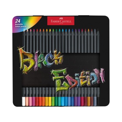 Creioane colorate triunghiulare black edition cutie metal Faber-Castell 24 culori/set
