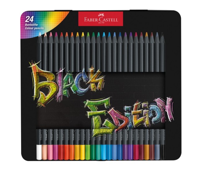 Creioane colorate triunghiulare black edition cutie metal Faber-Castell 24 culori/set