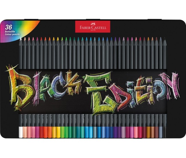 Creioane colorate triunghiulare black edition cutie metal Faber-Castell 36 culori/set