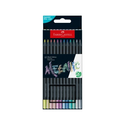 Creioane colorate triunghiulare black edition metalizate Faber-Castell 12 culori/set