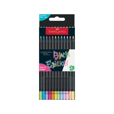 Creioane colorate triunghiulare black edition pastel + neon Faber-Castell 12 culori/set