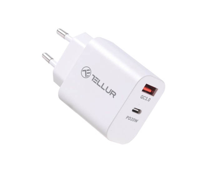 Incarcator priza Tellur PDHC101 cu doua porturi, PD 20W + QC3.0 18W, alb Incarcator priza Tellur PDHC101 cu doua porturi, PD 20W + QC3.0 18W, alb