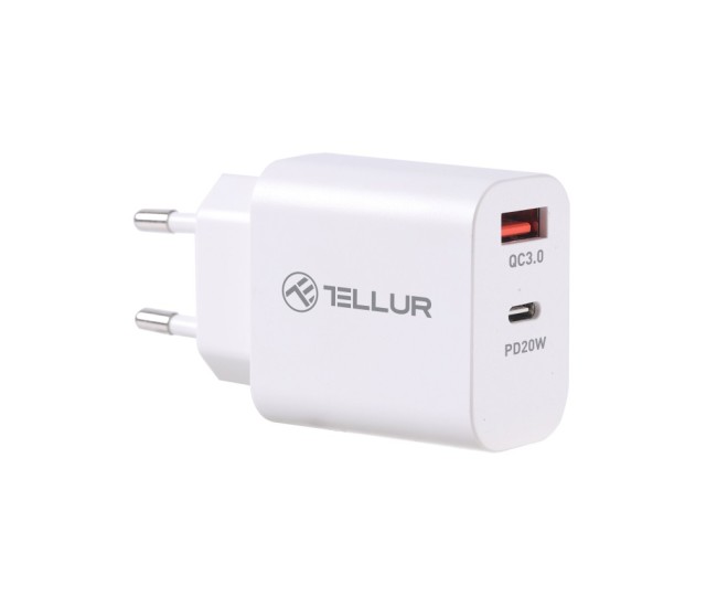 Incarcator priza Tellur PDHC101 cu doua porturi, PD 20W + QC3.0 18W, alb Incarcator priza Tellur PDHC101 cu doua porturi, PD 20W + QC3.0 18W, alb