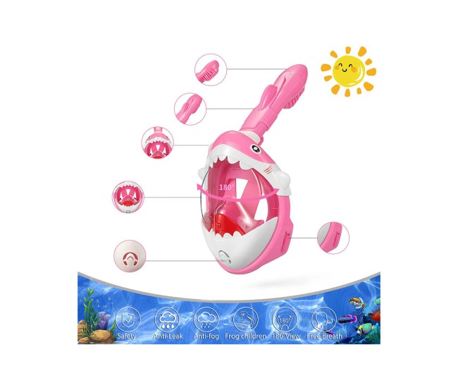Masca snorkeling cu tub pentru copii model rechin, roz