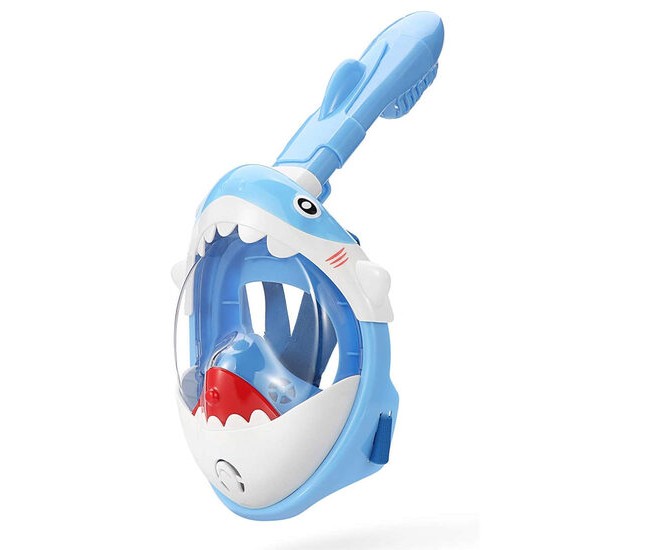 Masca snorkeling cu tub pentru copii model rechin, albastra