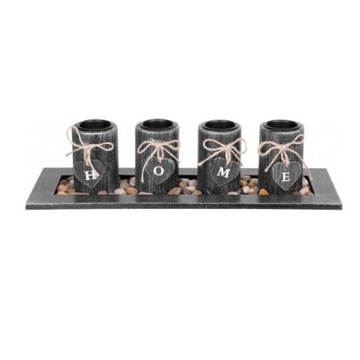 Suport 4 lumanari, model HOME, lemn si pietre naturale, negru, 39x12.5x10 cm, Magic Home