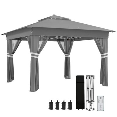 Pavilion/foisor pentru gradina/terasa, pliabil, cadru otel, material Oxford, cu perdele, iluminare LED, inaltime reglabila, gri, 336x336x250-270 cm