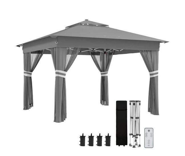 Pavilion/foisor pentru gradina/terasa, pliabil, cadru otel, material Oxford, cu perdele, iluminare LED, inaltime reglabila, gri, 336x336x250-270 cm Pavilion/foisor pentru gradina/terasa, pliabil, cadru otel, material Oxford, cu perdele, iluminare LED, inaltime reglabila, gri, 336x336x250-270 cm