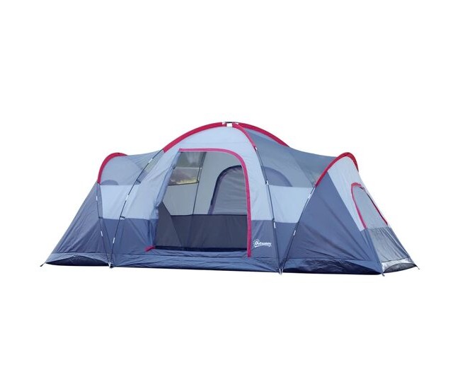 Cort camping, 5-6 persoane, material Oxford, impermeabil, cu copertina, geanta, gri si rosu, 455x230x180 cm Cort camping, 5-6 persoane, material Oxford, impermeabil, cu copertina, geanta, gri si rosu, 455x230x180 cm