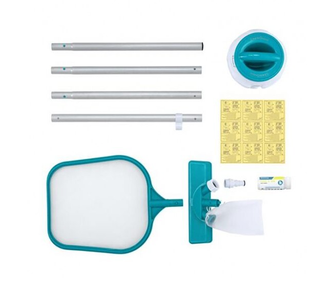 Set curatare si intretinere piscina, minciog cu maner, aspirator, filtru, dozator, 9 plasturi, Bestway FlowClear
