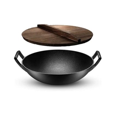 Vas de fonta tip Wok cu capac de lemn, 36.5x10 cm, Perfect Home Vas de fonta tip Wok cu capac de lemn, 36.5x10 cm, Perfect Home