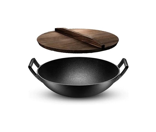 Vas de fonta tip Wok cu capac de lemn, 36.5x10 cm, Perfect Home Vas de fonta tip Wok cu capac de lemn, 36.5x10 cm, Perfect Home