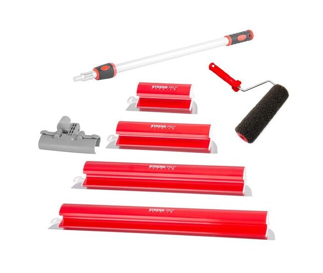 Set 4 gletiere profesionale, inox, 25, 40, 60, 80 cm, suport, maner telescopic, rola gletuit, Strend Pro