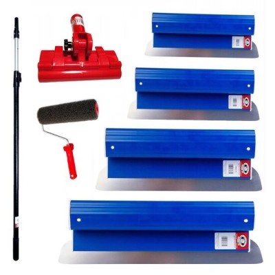 Set 4 gletiere profesionale, inox, 25, 40, 60, 80 cm, suport, maner prelungitor 1.2-2.2 m, rola gletuit, Ergolite
