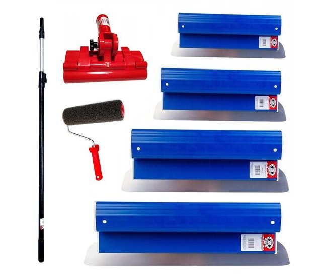 Set 4 gletiere profesionale, inox, 25, 40, 60, 80 cm, suport, maner prelungitor 1.2-2.2 m, rola gletuit, Ergolite Set 4 gletiere profesionale, inox, 25, 40, 60, 80 cm, suport, maner prelungitor 1.2-2.2 m, rola gletuit, Ergolite