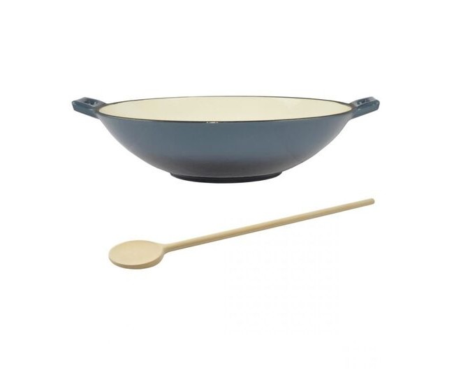 Vas de fonta tip Wok, emailat, 35.5x11 cm, cu lingura de lemn, Perfect Home Vas de fonta tip Wok, emailat, 35.5x11 cm, cu lingura de lemn, Perfect Home