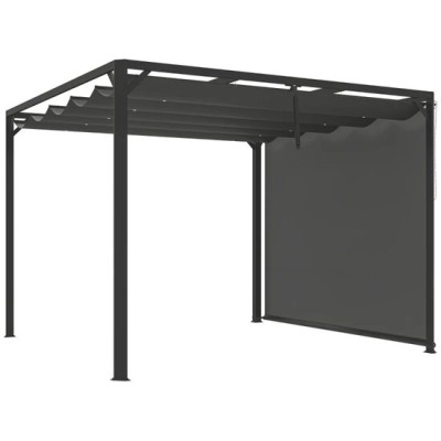 Pergola pentru gradina/terasa, retractabila, cu perete paravan, cadru aluminiu, gri inchis, 3x3x2.27 m