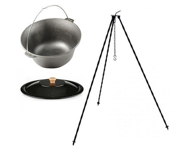 Set ceaun fonta cu capac emailat si trepied metalic, 14.5 L, Premium