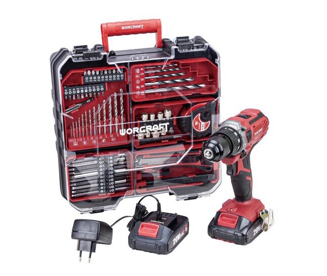 Masina gaurit/insurubat, 2x20V Li-ion, 2 Ah, incarcator si set burghie, varfuri si biti, 74 piese