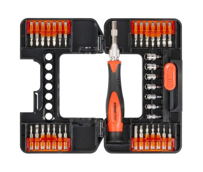 Set varfuri, biti, cu surubelnita, 37 buc, Torx, plate, Phillips, Strend Pro