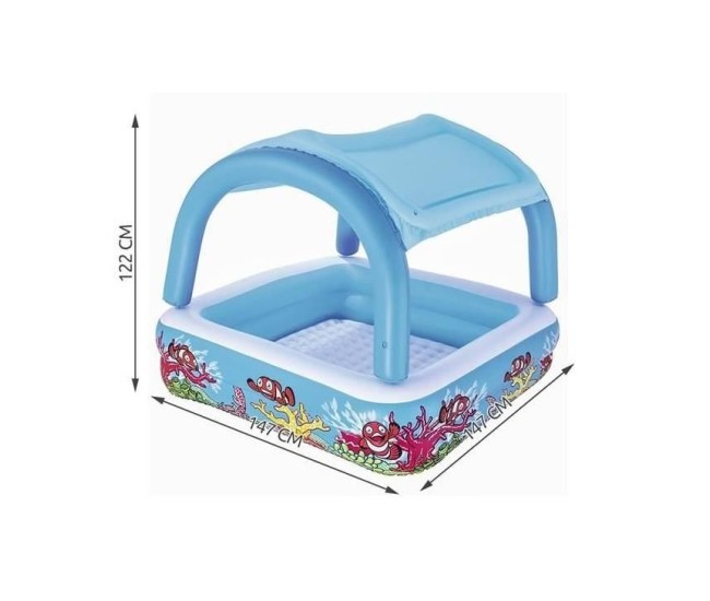 Piscina gonflabila pentru copii, patrata, cu acoperis, model coral, 147x147x122 cm, Bestway Piscina gonflabila pentru copii, patrata, cu acoperis, model coral, 147x147x122 cm, Bestway