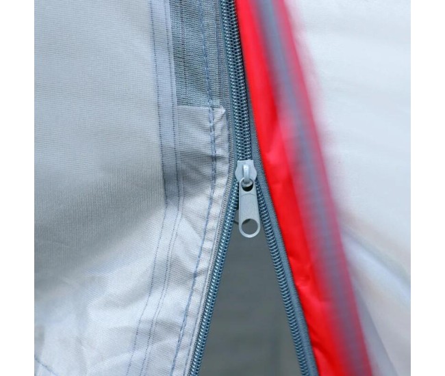 Cort camping, 5-6 persoane, material Oxford, impermeabil, cu copertina, geanta, gri si rosu, 455x230x180 cm Cort camping, 5-6 persoane, material Oxford, impermeabil, cu copertina, geanta, gri si rosu, 455x230x180 cm