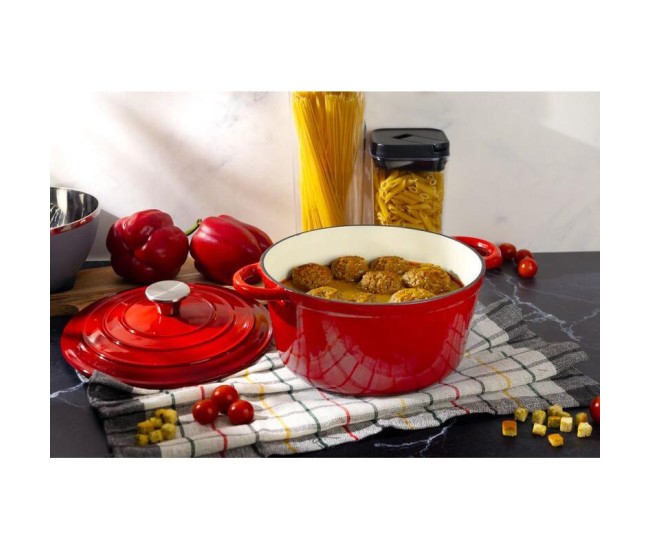 Oala de fonta emailata cu capac, maner din inox, rosie, 4 L, Magic Home