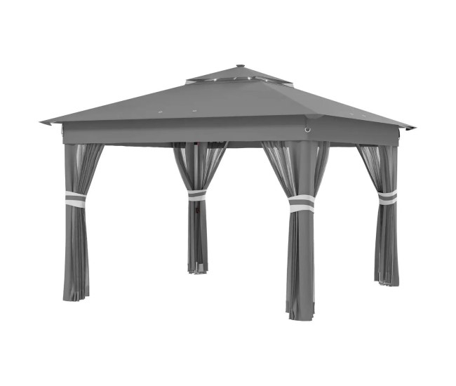 Pavilion/foisor pentru gradina/terasa, pliabil, cadru otel, material Oxford, cu perdele, iluminare LED, inaltime reglabila, gri, 336x336x250-270 cm Pavilion/foisor pentru gradina/terasa, pliabil, cadru otel, material Oxford, cu perdele, iluminare LED, inaltime reglabila, gri, 336x336x250-270 cm