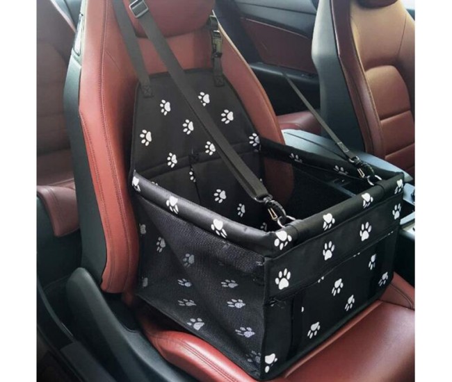 Scaun auto pentru caine/pisica, Mufart, textil, cu buzunar si centura, negru, 40x37x44 cm Scaun auto pentru caine/pisica, Mufart, textil, cu buzunar si centura, negru, 40x37x44 cm