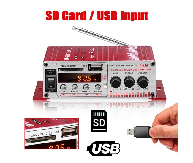 MINI amplificator auto, stereo, 12V, 40 W, radio FM, citire USB sau card SD, cu telecomanda MINI amplificator auto, stereo, 12V, 40 W, radio FM, citire USB sau card SD, cu telecomanda