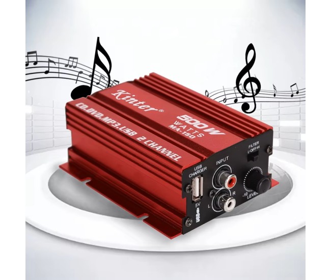 MINI amplificator auto, stereo, 500 W max, cu incarcare USB MINI amplificator auto, stereo, 500 W max, cu incarcare USB