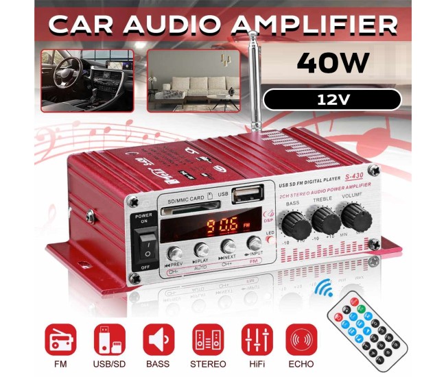 MINI amplificator auto, stereo, 12V, 40 W, radio FM, citire USB sau card SD, cu telecomanda MINI amplificator auto, stereo, 12V, 40 W, radio FM, citire USB sau card SD, cu telecomanda