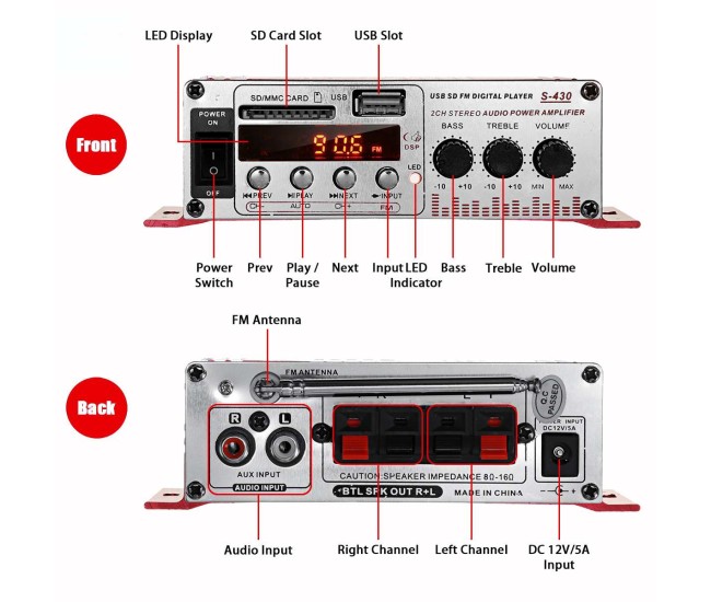MINI amplificator auto, stereo, 12V, 40 W, radio FM, citire USB sau card SD, cu telecomanda MINI amplificator auto, stereo, 12V, 40 W, radio FM, citire USB sau card SD, cu telecomanda