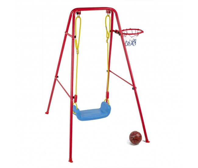 Set de gradina 3in1 pentru copii, Leagan + Cos de Baschet + Minge, cadru metalic, culoare Rosu Set de gradina 3in1 pentru copii, Leagan + Cos de Baschet + Minge, cadru metalic, culoare Rosu